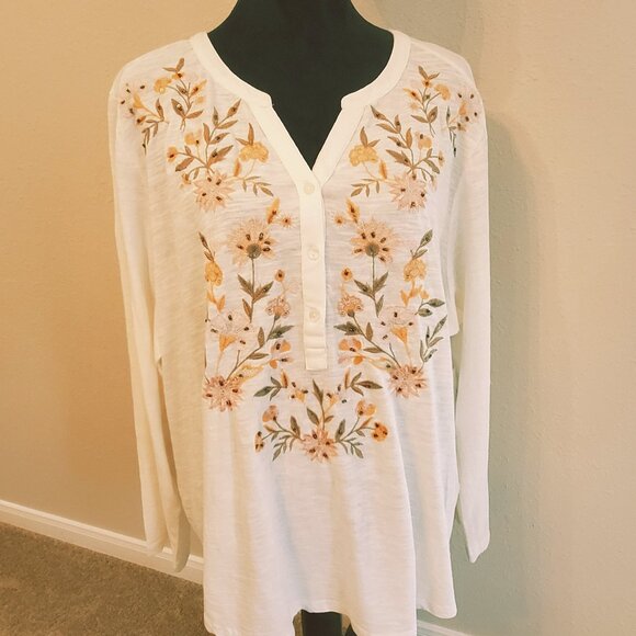 Style & Co. Tops - Women's Winter Garden Embroidered Long Sleeve Blouse 100% Cotton Size 3X.